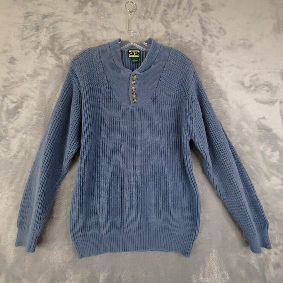Gander Mountain Guide Series Mens Sweater Cable Knit‎ 1/4 Button Pullover Blue L - Picture 1 of 11